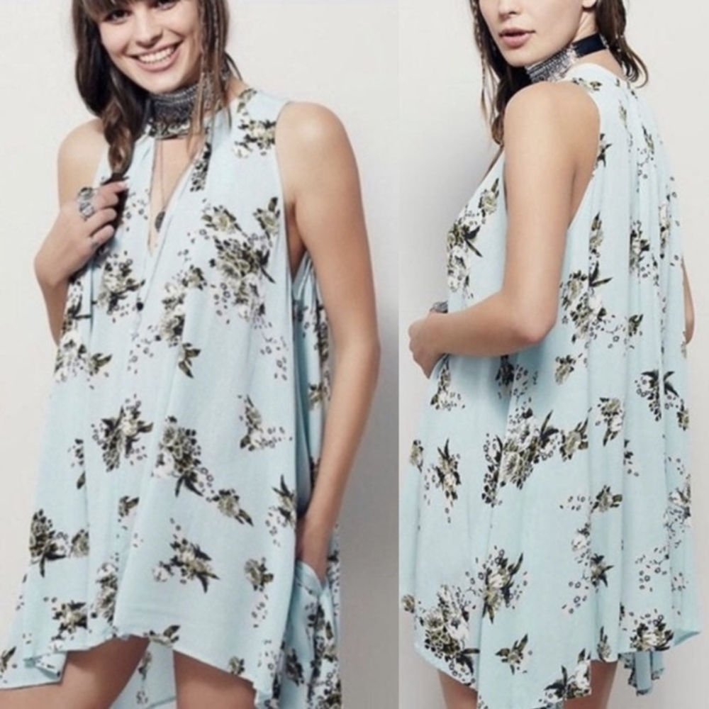 Free People Floral Mini Dress in Light Blue and Green
